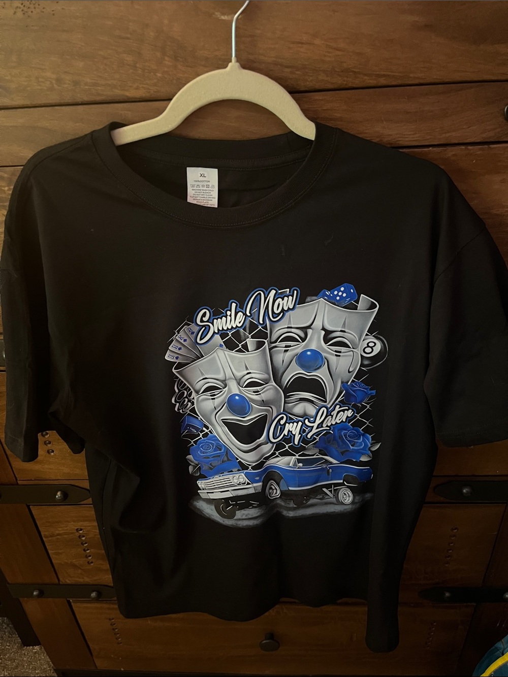 Black Graphic Tee with Blue Accents - Smile Now Cry Later